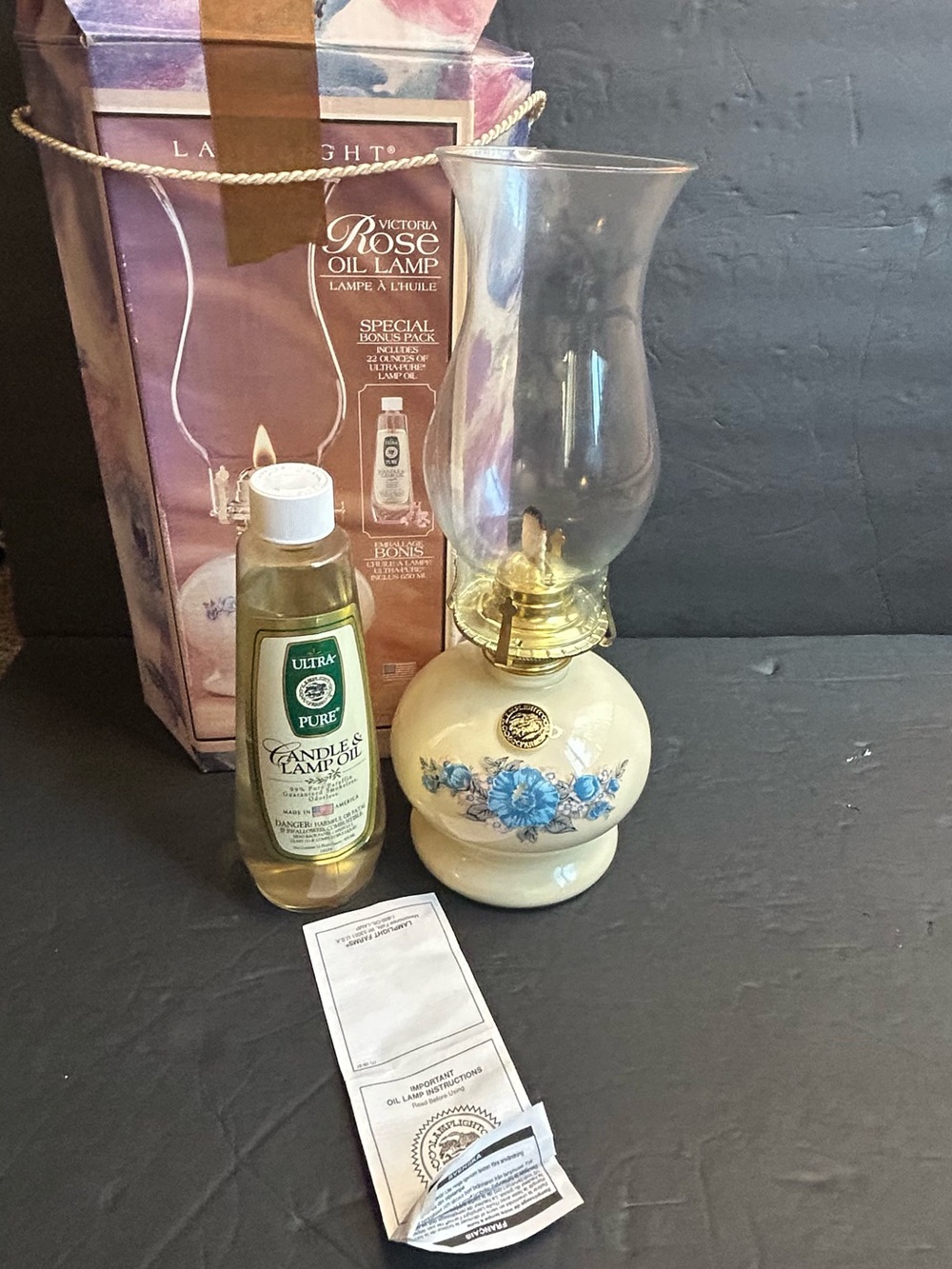 Vintage Hurricane Oil Lamp Blue & Pink Floral on White by Lamplight Farm in USA.